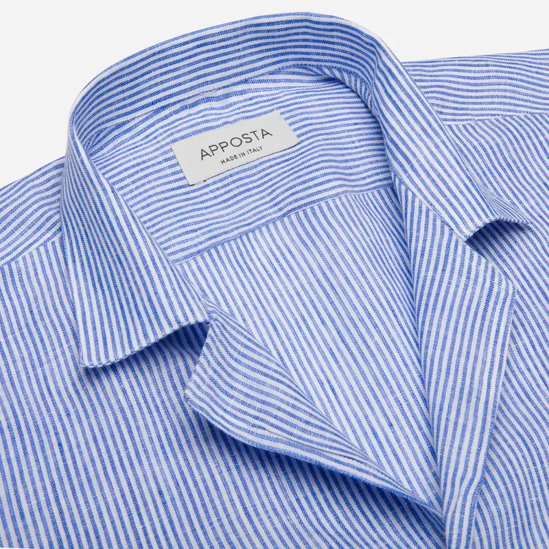 Camicia righe azzurro lino tessuto con armatura a tela, collo stile collo bowling miniatura 2