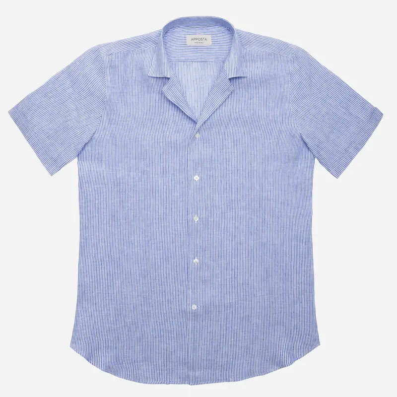 Camicia righe azzurro lino tessuto con armatura a tela, collo stile collo bowling miniatura 3