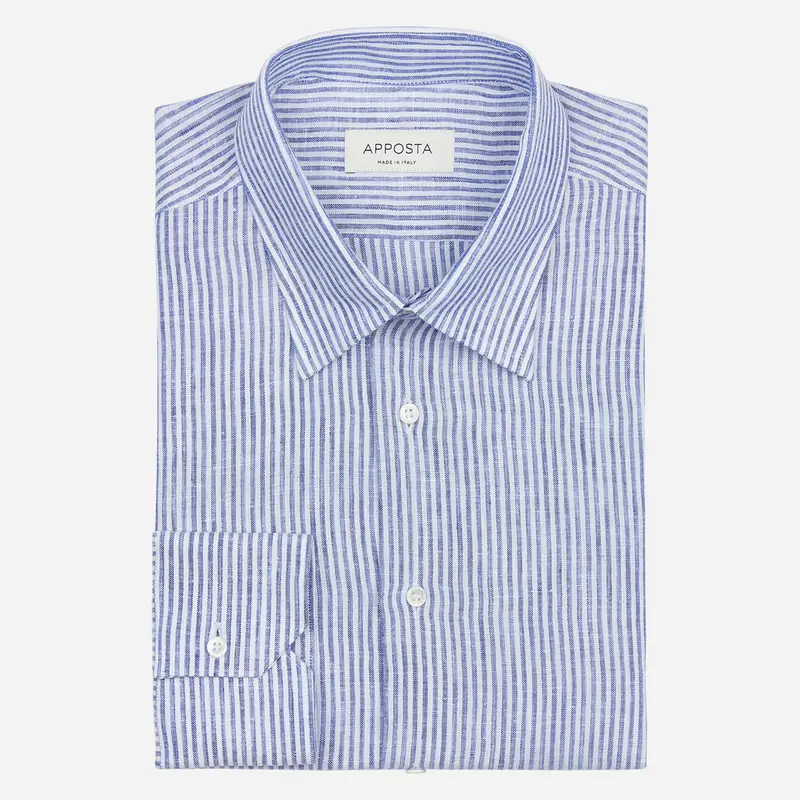 Camicia righe azzurro lino tessuto con armatura a tela, collo stile collo francese basso