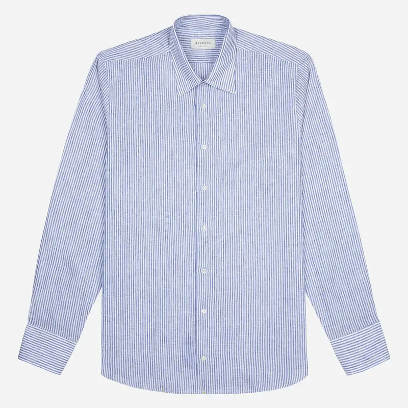 Camicia righe azzurro lino tessuto con armatura a tela, collo stile collo francese basso miniatura 2