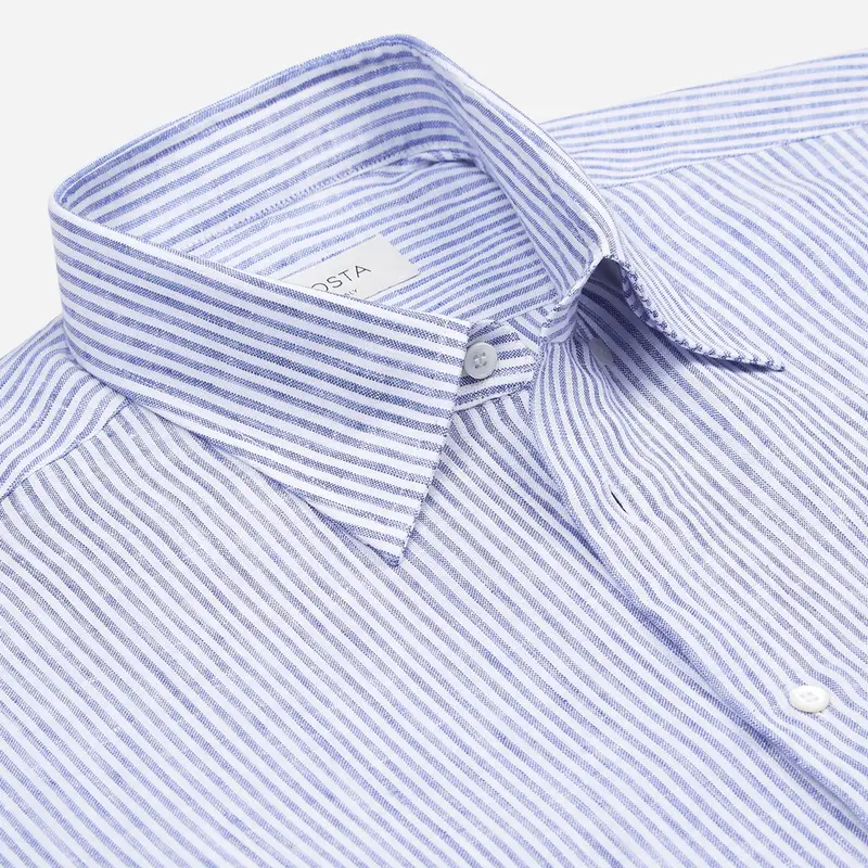 Camicia righe azzurro lino tessuto con armatura a tela, collo stile collo francese basso miniatura 3