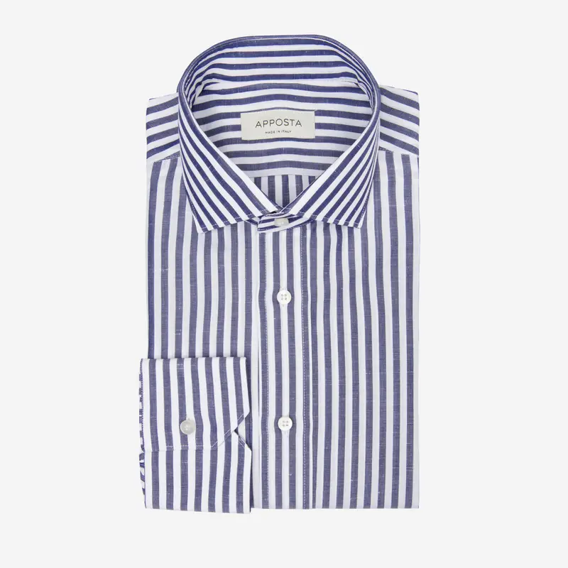 Camicia righe blu cotone-lino tessuto con armatura a tela, collo stile collo francese aggiornato a punte corte