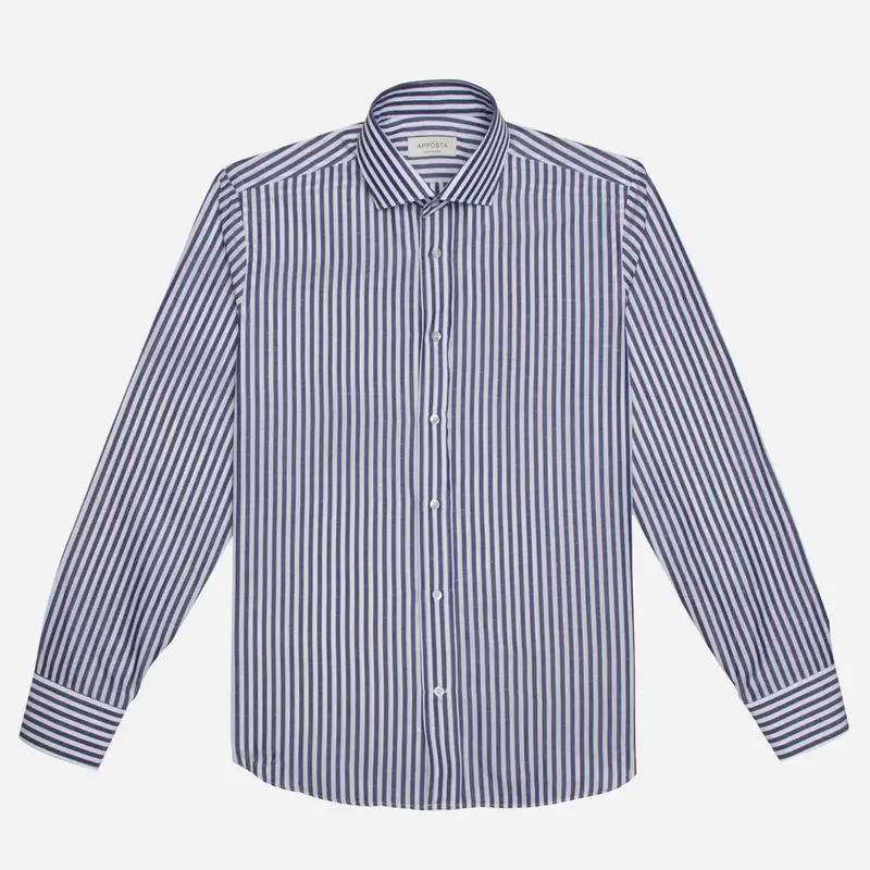 Camicia righe blu cotone-lino tessuto con armatura a tela, collo stile collo francese aggiornato a punte corte miniatura 2