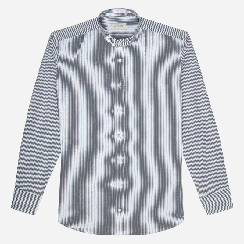 Camicia righe blu cotone seersucker, collo stile collo alla coreana miniatura 2