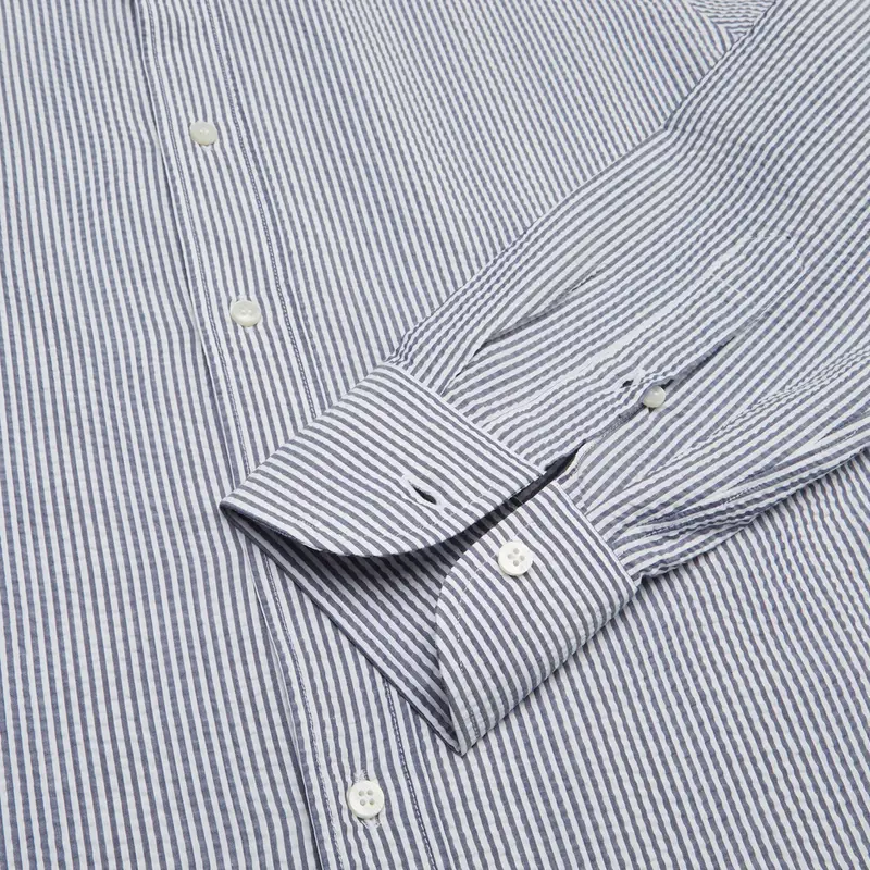 Camicia righe blu cotone seersucker, collo stile collo alla coreana miniatura 3