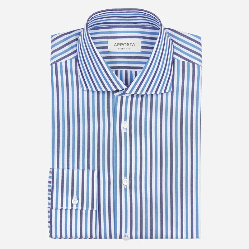 Camicia righe blu cotone tessuto con armatura a tela, collo stile collo francese basso