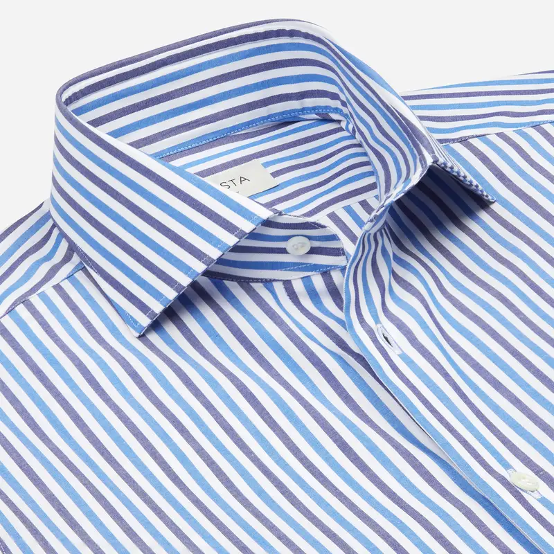 Camicia righe blu cotone tessuto con armatura a tela, collo stile collo francese basso miniatura 2