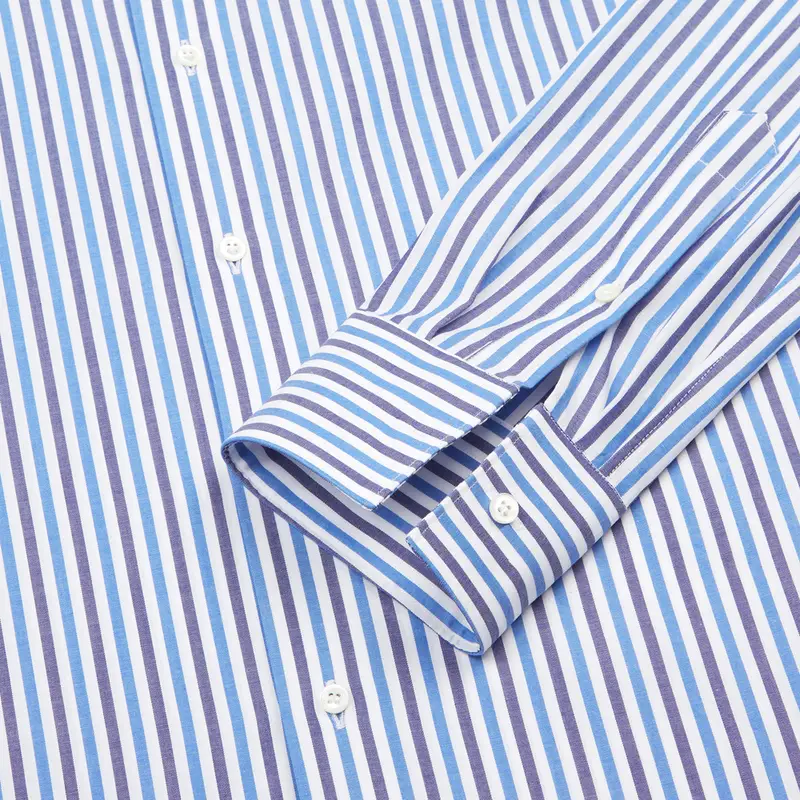 Camicia righe blu cotone tessuto con armatura a tela, collo stile collo francese basso miniatura 3