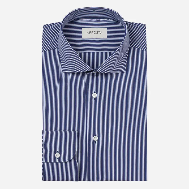 Camicia righe blu elasticizzato raso, collo stile collo francese aggiornato a punte corte