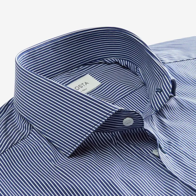 Camicia righe blu elasticizzato raso, collo stile collo francese aggiornato a punte corte miniatura 3