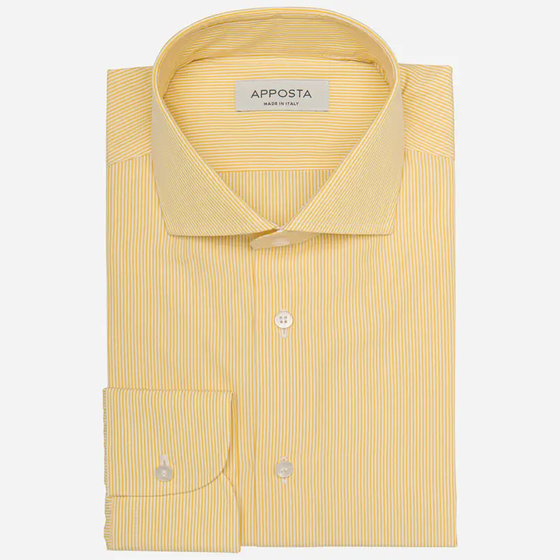 Camicia righe giallo cotone tessuto con armatura a tela, collo stile collo francese aggiornato a punte corte