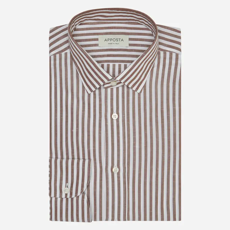 Camicia righe marrone cotone-lino tessuto con armatura a tela, collo stile collo italiano aggiornato a punte corte