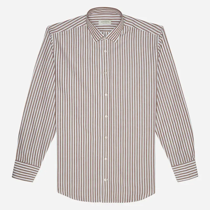 Camicia righe marrone cotone-lino tessuto con armatura a tela, collo stile collo italiano aggiornato a punte corte miniatura 2