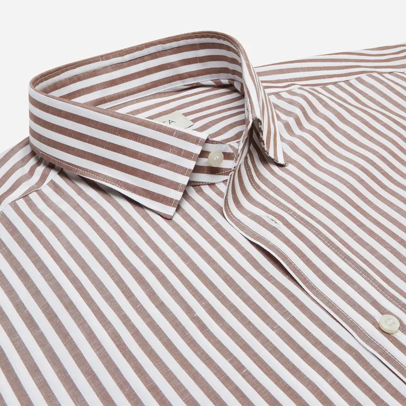 Camicia righe marrone cotone-lino tessuto con armatura a tela, collo stile collo italiano aggiornato a punte corte miniatura 3