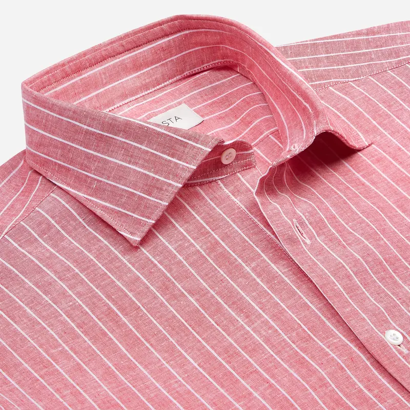 Camicia righe rosso lino tessuto con armatura a tela, collo stile collo semifrancese miniatura 3