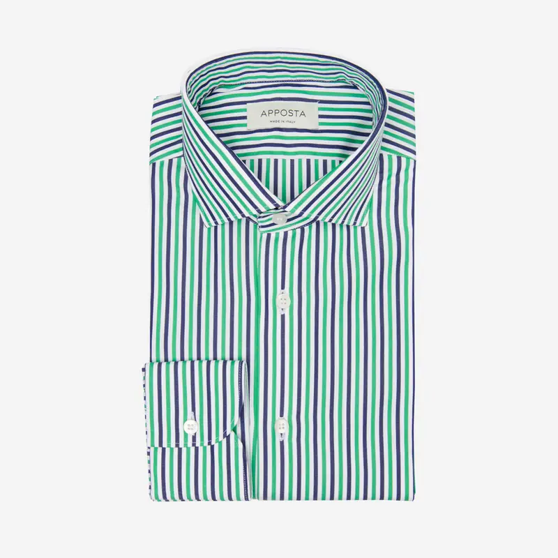 Camicia righe verde cotone popeline, collo stile collo francese aggiornato a punte corte