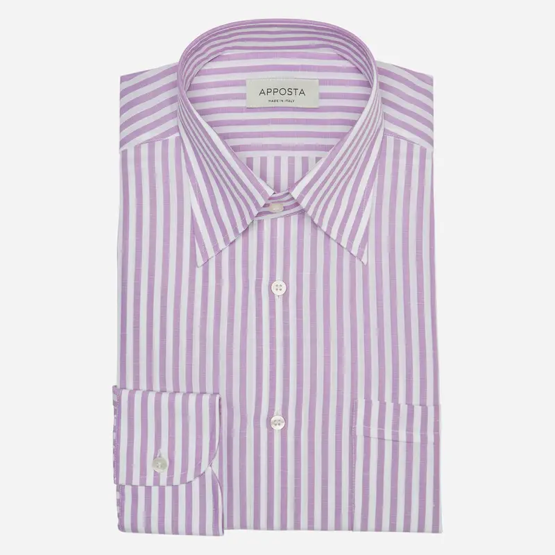 Camicia righe viola cotone-lino tessuto con armatura a tela, collo stile collo button down con bottoni nascosti