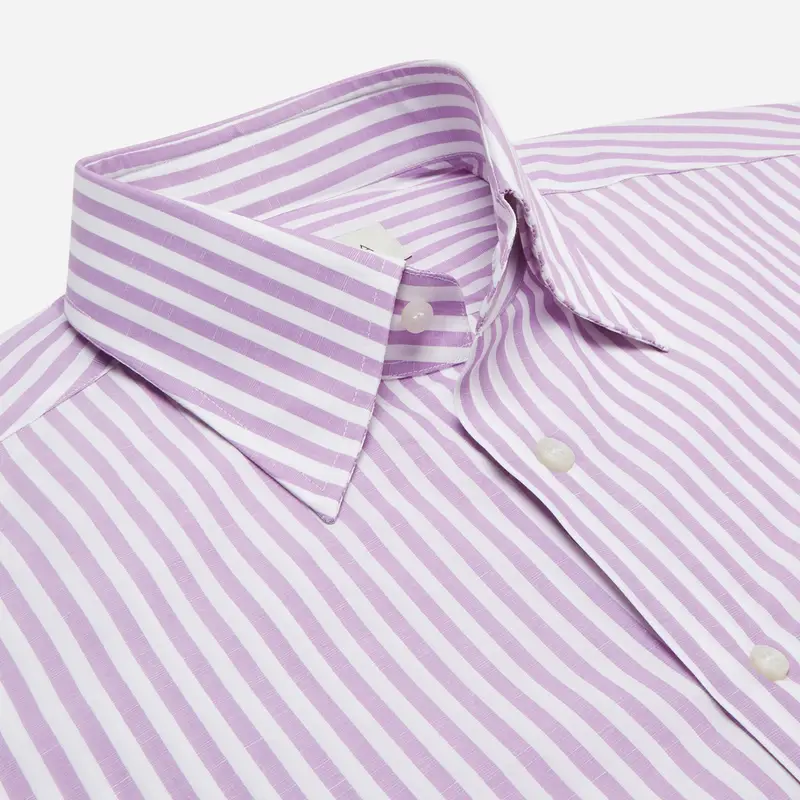 Camicia righe viola cotone-lino tessuto con armatura a tela, collo stile collo button down con bottoni nascosti miniatura 3