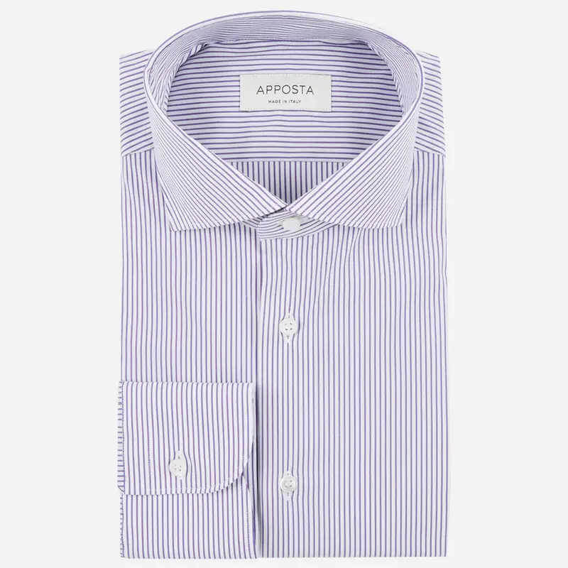Camicia righe viola cotone popeline doppio ritorto, collo stile collo francese basso