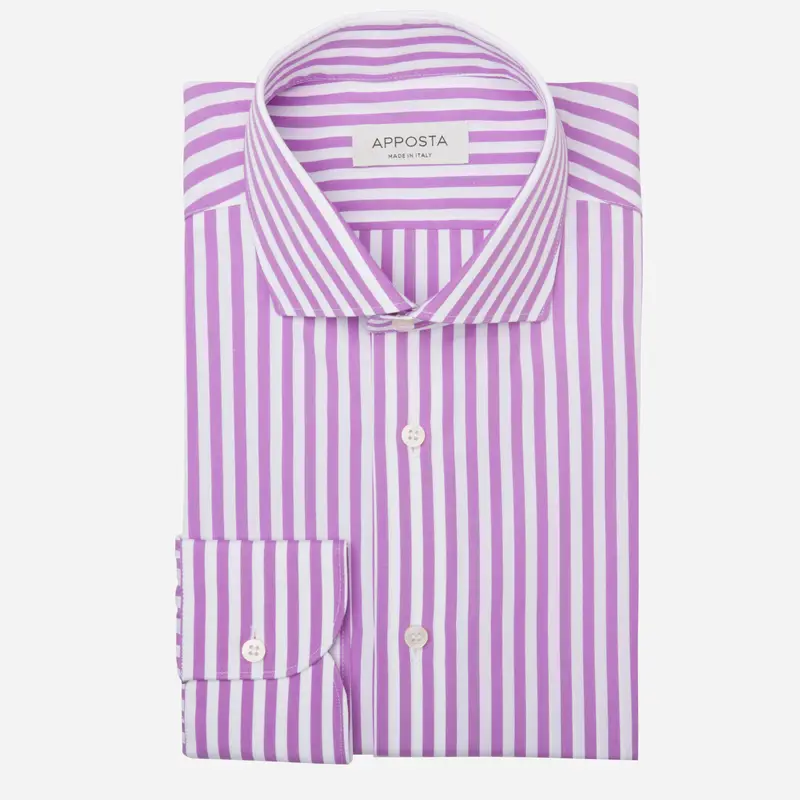 Camicia righe viola cotone tessuto con armatura a tela, collo stile collo francese aggiornato a punte corte