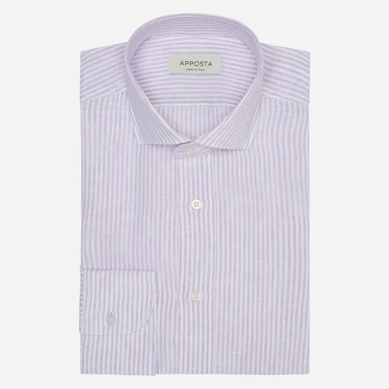 Camicia righe viola lino tessuto con armatura a tela, collo stile collo francese aggiornato a punte corte
