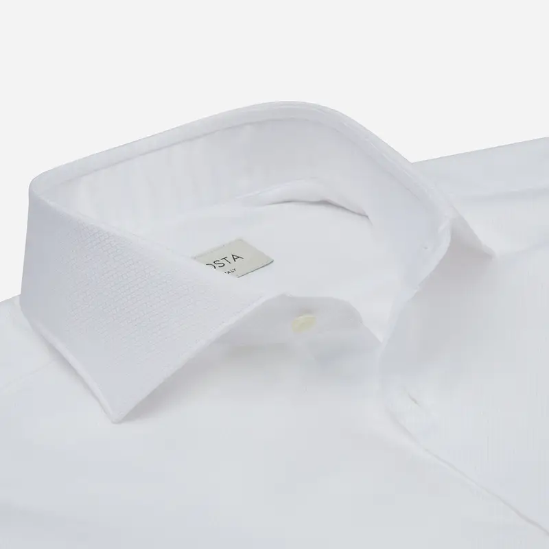 Camicia texture bianco cotone testurizzato doppio ritorto, collo stile collo francese basso miniatura 3