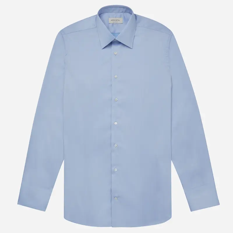 Camicia tinta unita azzurro cotone antipiega twill doppio ritorto, collo stile collo italiano basso miniatura 2