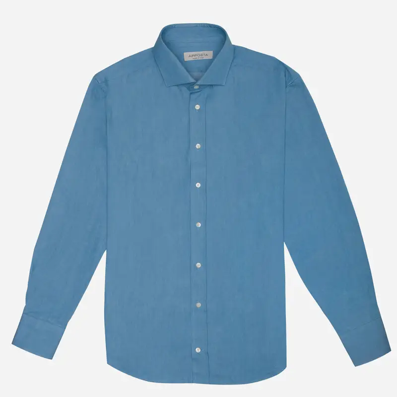 Camicia tinta unita azzurro cotone denim, collo stile collo francese aggiornato a punte corte miniatura 2