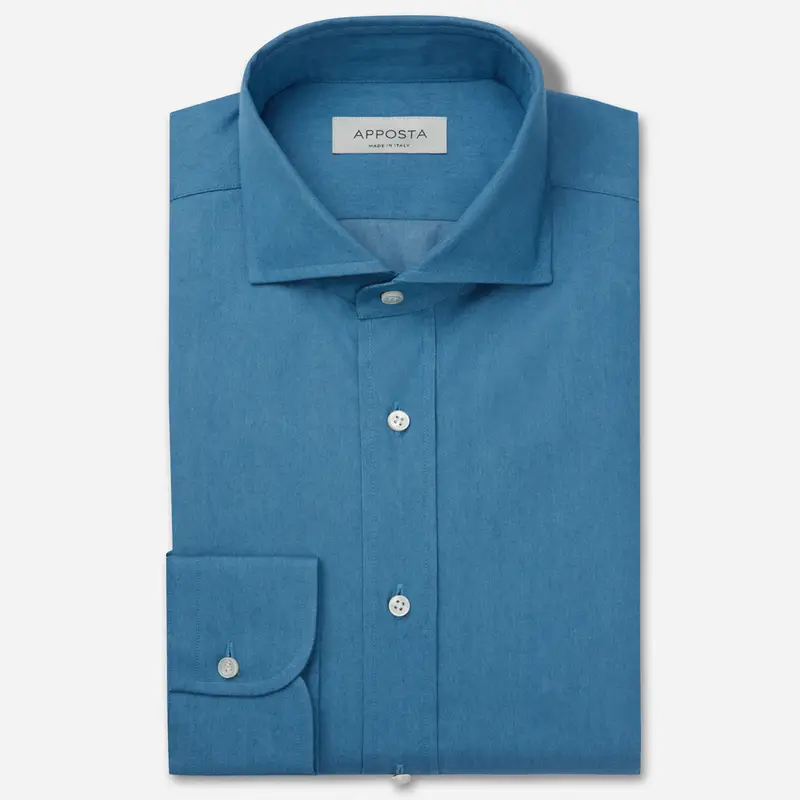 Camicia tinta unita azzurro cotone denim, collo stile collo francese basso