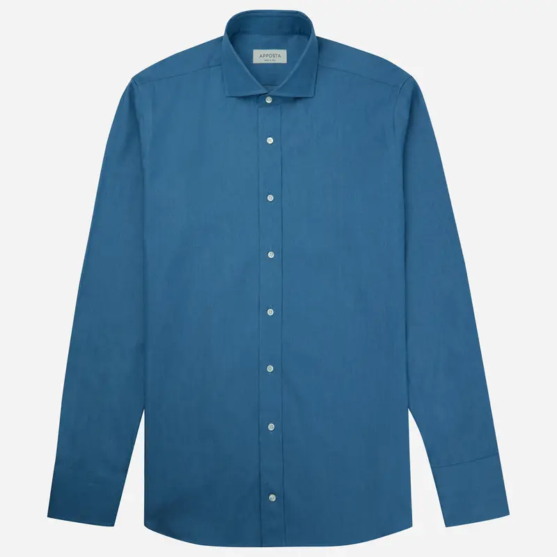 Camicia tinta unita azzurro cotone denim, collo stile collo francese basso miniatura 2