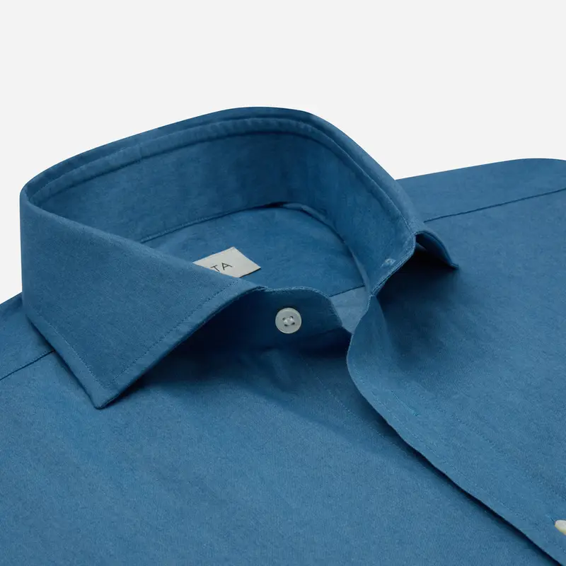 Camicia tinta unita azzurro cotone denim, collo stile collo francese basso miniatura 3