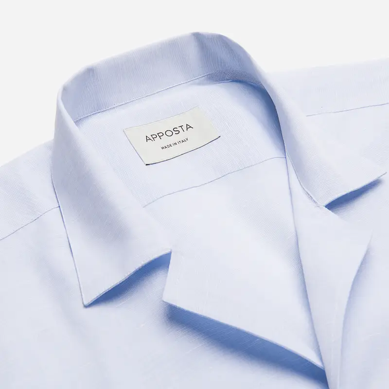 Camicia tinta unita azzurro cotone-lino tessuto con armatura a tela, collo stile collo bowling miniatura 2