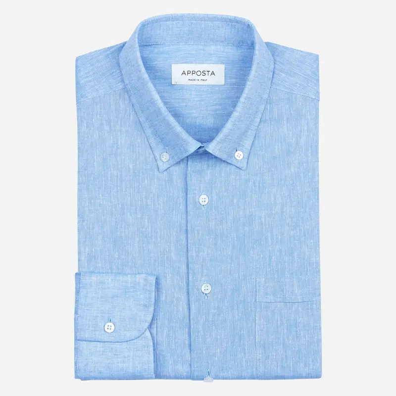 Camicia tinta unita azzurro cotone-lino tessuto con armatura a tela, collo stile collo button down piccolo