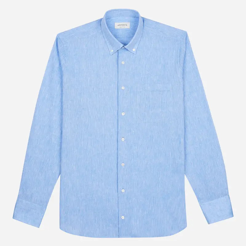 Camicia tinta unita azzurro cotone-lino tessuto con armatura a tela, collo stile collo button down piccolo miniatura 2