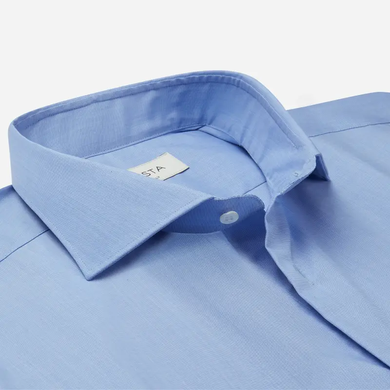 Camicia tinta unita azzurro cotone stiro facile popeline, collo stile collo francese basso miniatura 3