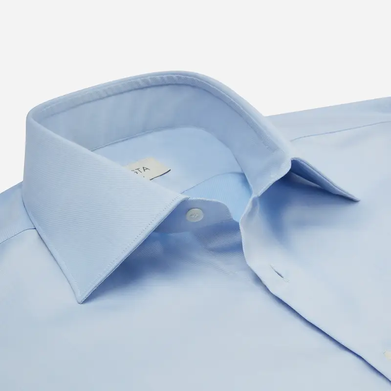 Camicia tinta unita azzurro cotone stiro facile twill, collo stile collo italiano formale miniatura 3