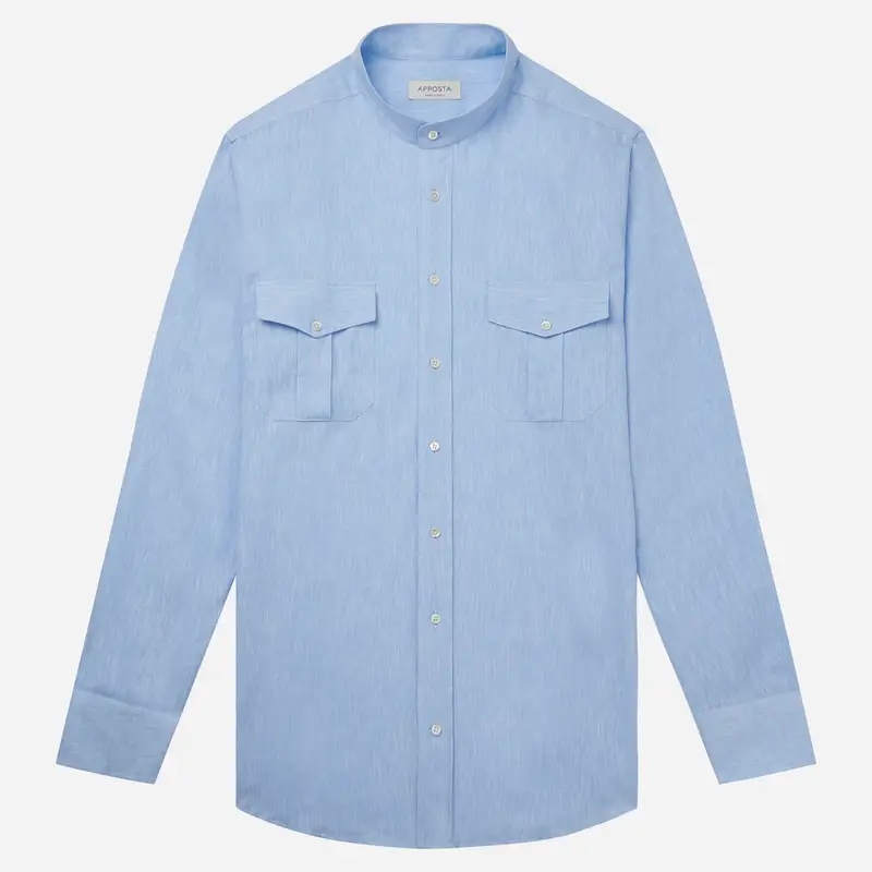 Camicia tinta unita azzurro lino tessuto con armatura a tela, collo stile collo alla coreana miniatura 2