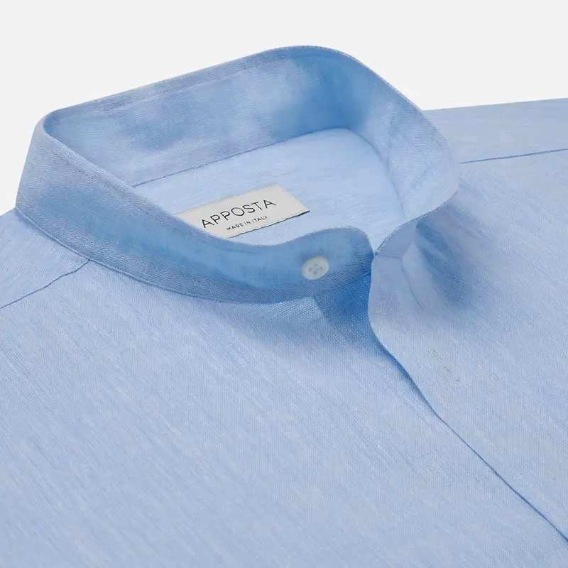 Camicia tinta unita azzurro lino tessuto con armatura a tela, collo stile collo alla coreana miniatura 3