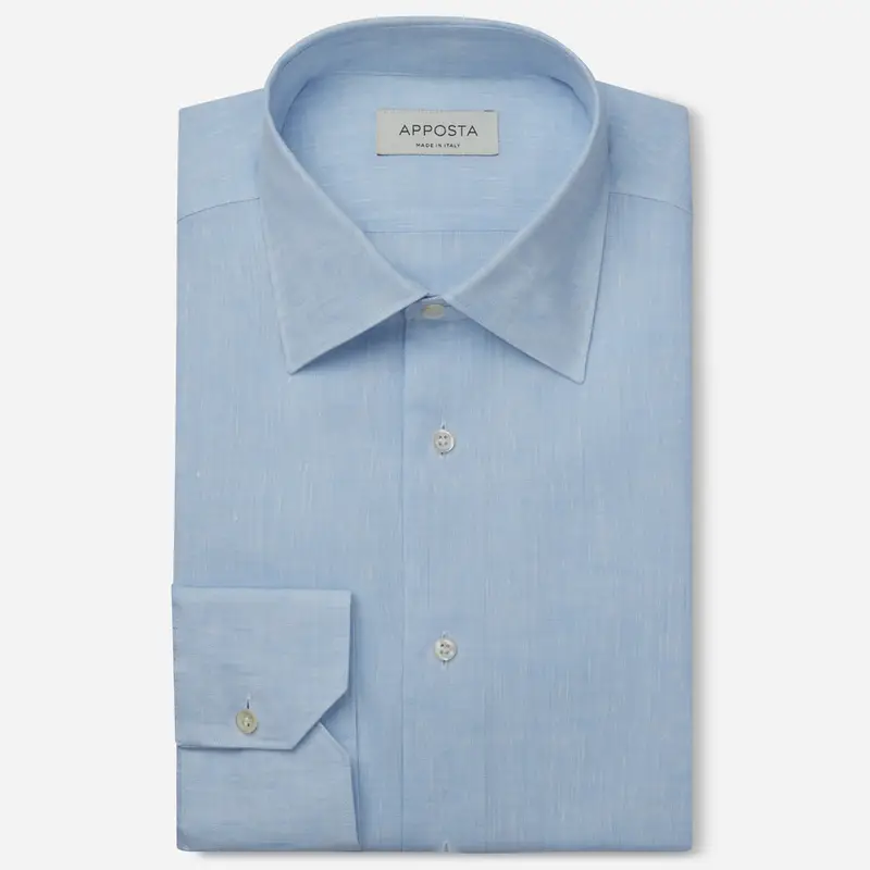 Camicia tinta unita azzurro lino tessuto con armatura a tela, collo stile collo italiano basso