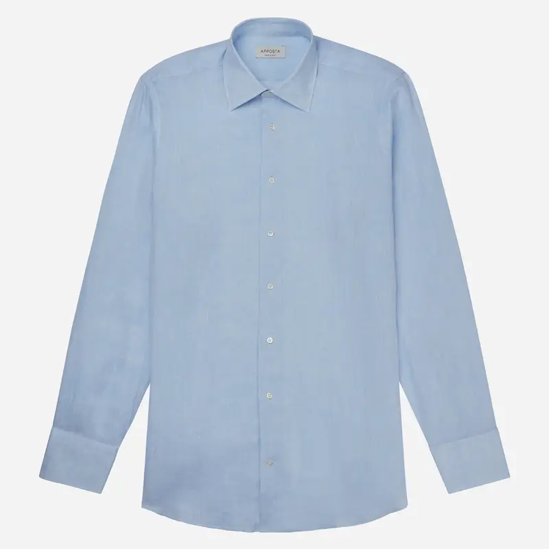 Camicia tinta unita azzurro lino tessuto con armatura a tela, collo stile collo italiano basso miniatura 2