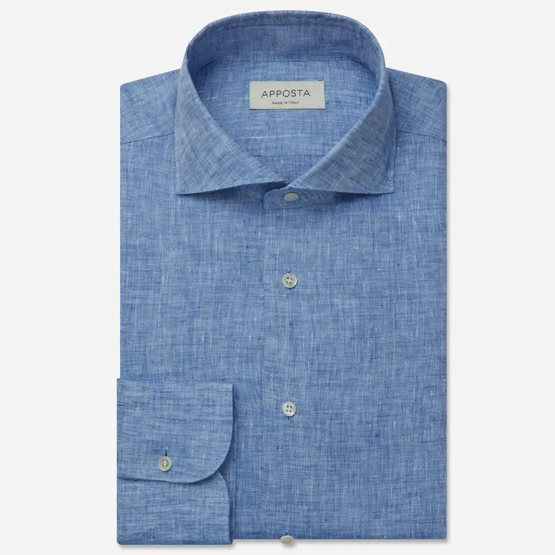 Camicia tinta unita azzurro lino tessuto con armatura a tela lino di normandia, collo stile collo francese basso