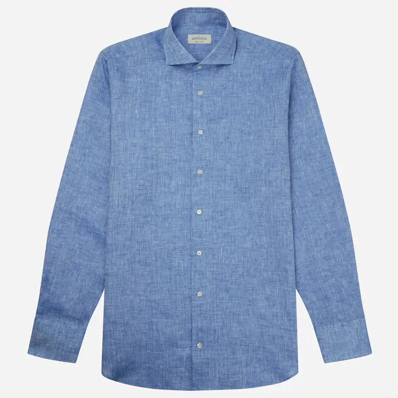 Camicia tinta unita azzurro lino tessuto con armatura a tela lino di normandia, collo stile collo francese basso miniatura 2