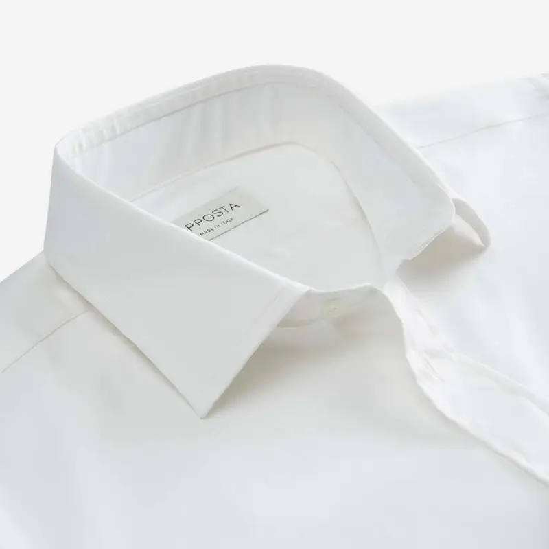 Camicia tinta unita bianco cotone elasticizzato popeline, collo stile collo italiano aggiornato a punte corte miniatura 3