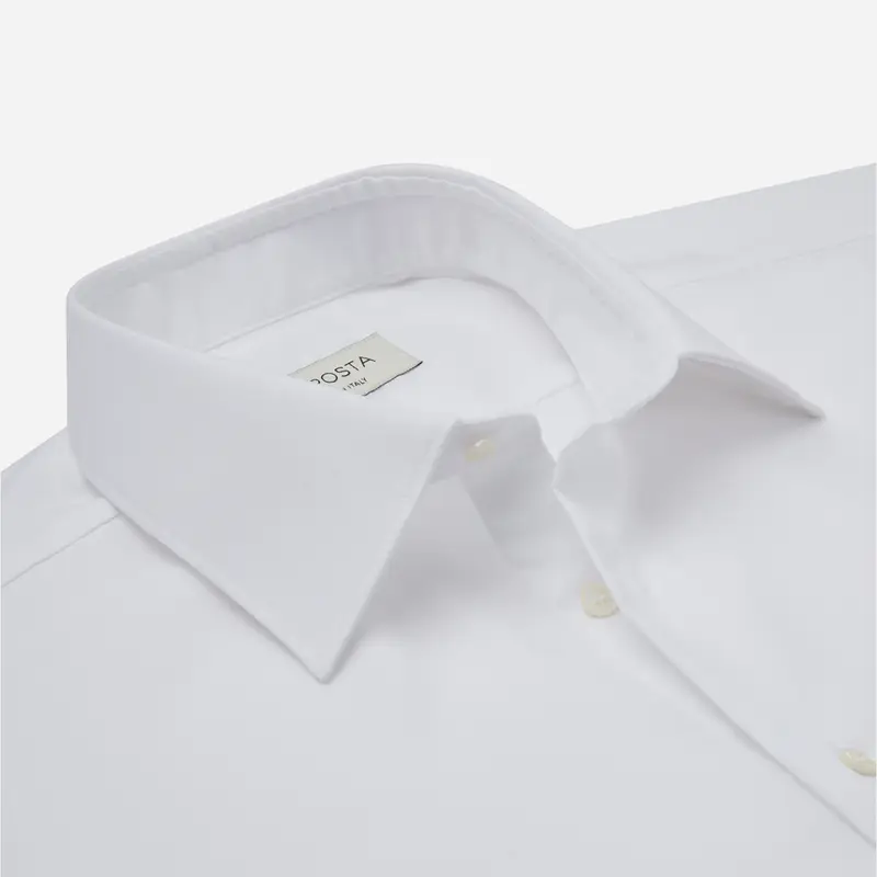 Camicia tinta unita bianco cotone elasticizzato popeline, collo stile collo italiano basso miniatura 2
