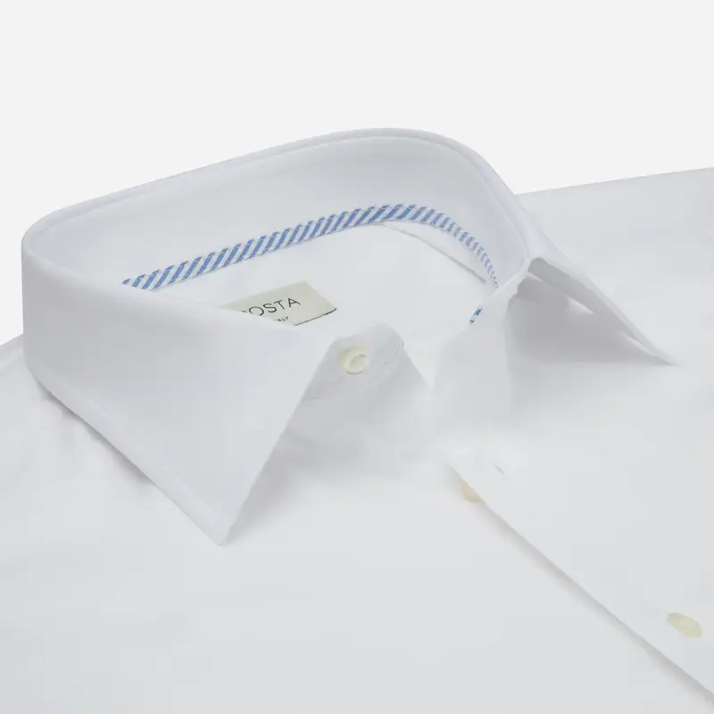 Camicia tinta unita bianco cotone giro inglese doppio ritorto, collo stile collo italiano basso miniatura 3
