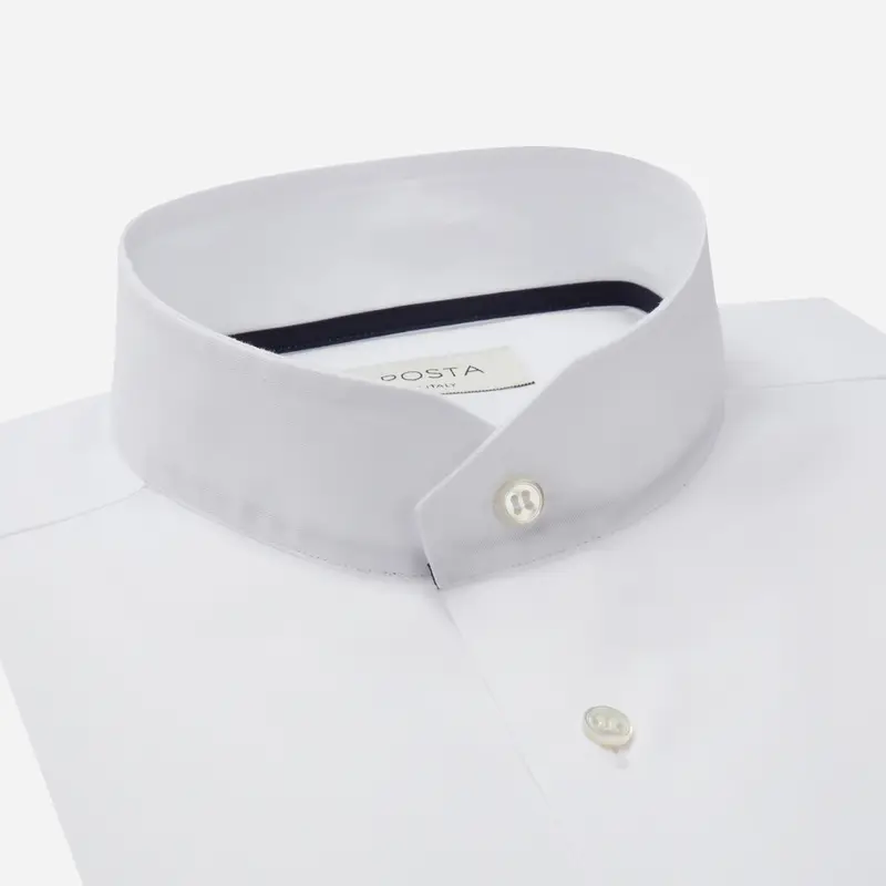 Camicia tinta unita bianco cotone popeline doppio ritorto, collo stile collo alla coreana smussato miniatura 2
