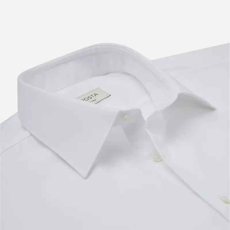 Camicia tinta unita bianco cotone stiro facile twill, collo stile collo italiano basso miniatura 3
