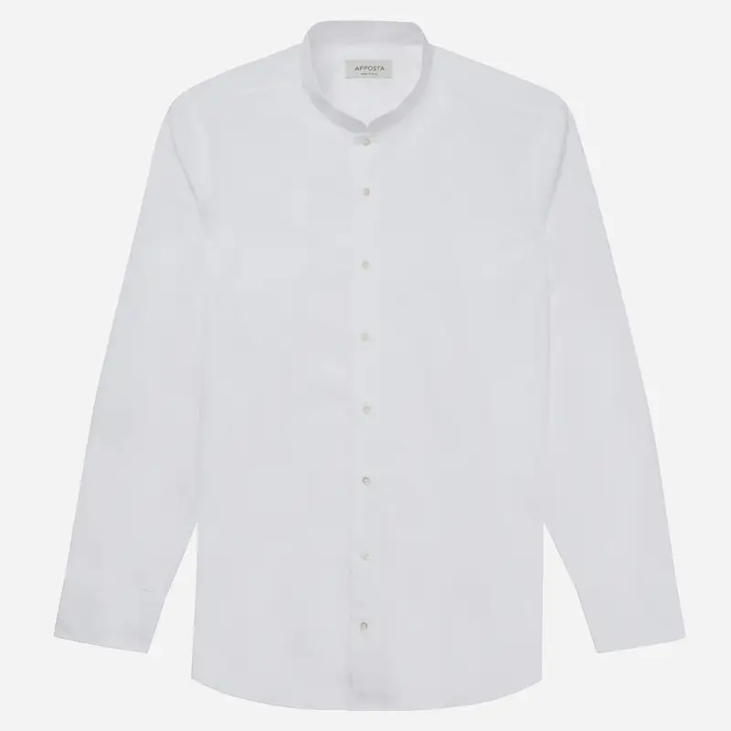 Camicia tinta unita bianco cotone twill, collo stile collo alla coreana aperto miniatura 2