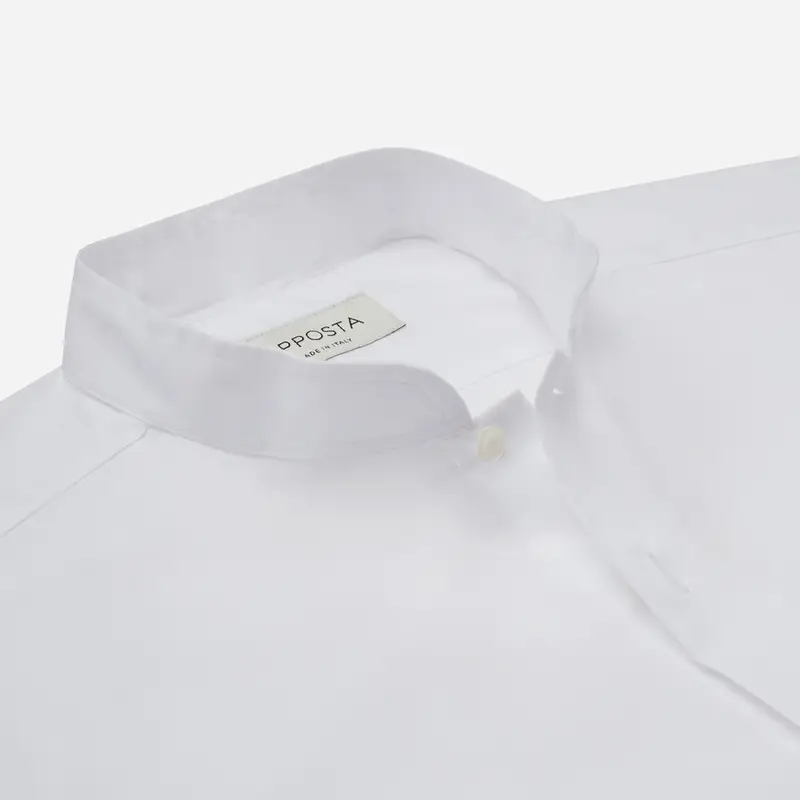 Camicia tinta unita bianco cotone twill, collo stile collo alla coreana aperto miniatura 3