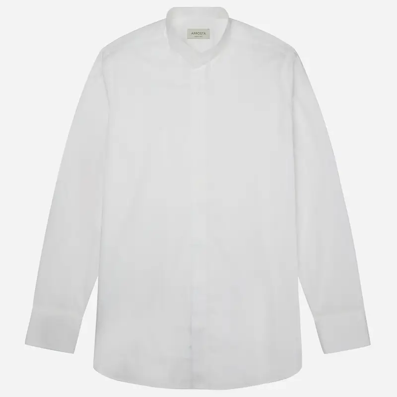 Camicia tinta unita bianco cotone twill doppio ritorto, collo stile collo alla coreana senza bottone miniatura 2